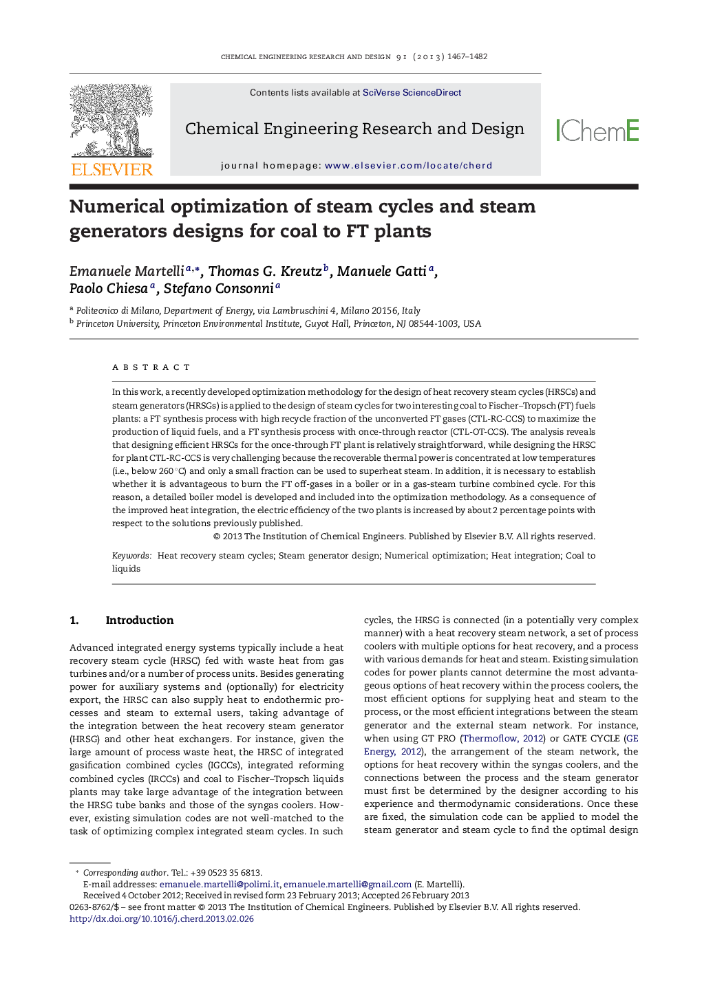 Numerical optimization of steam cycles and steam generators designs for coal to FT plants