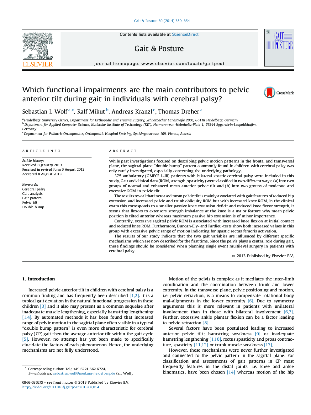 Which functional impairments are the main contributors to pelvic anterior tilt during gait in individuals with cerebral palsy?