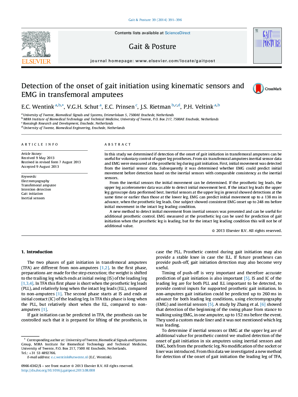 Detection of the onset of gait initiation using kinematic sensors and EMG in transfemoral amputees