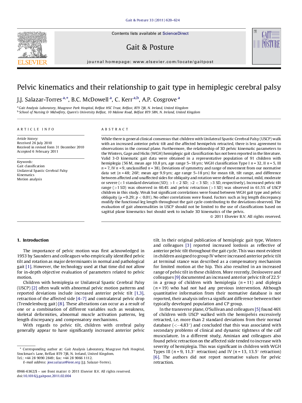 Pelvic kinematics and their relationship to gait type in hemiplegic cerebral palsy