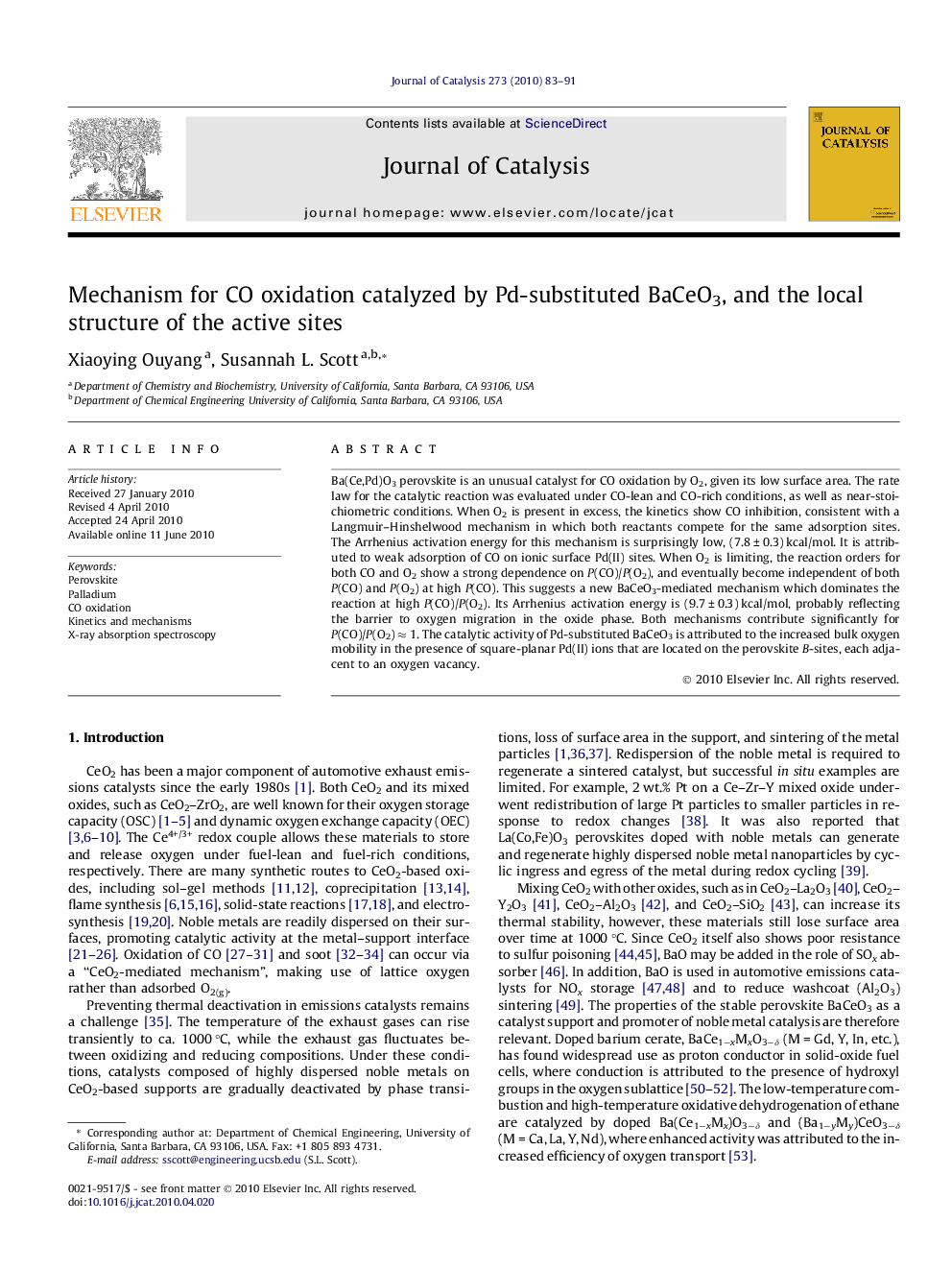 Mechanism for CO oxidation catalyzed by Pd-substituted BaCeO3, and the local structure of the active sites