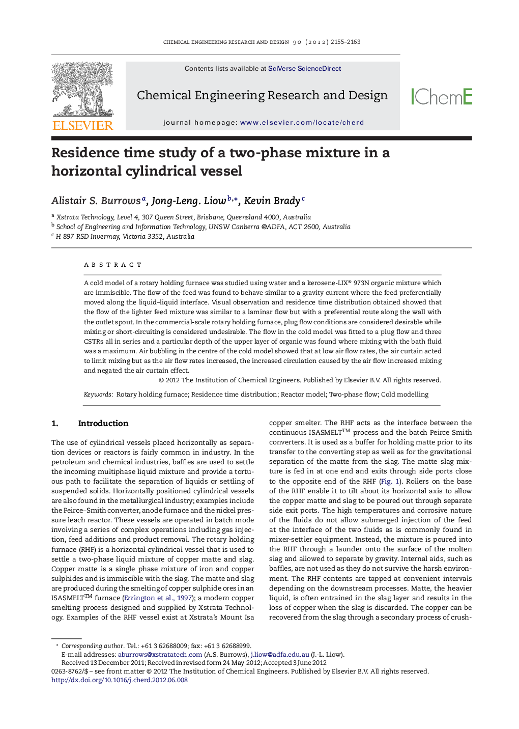 Residence time study of a two-phase mixture in a horizontal cylindrical vessel