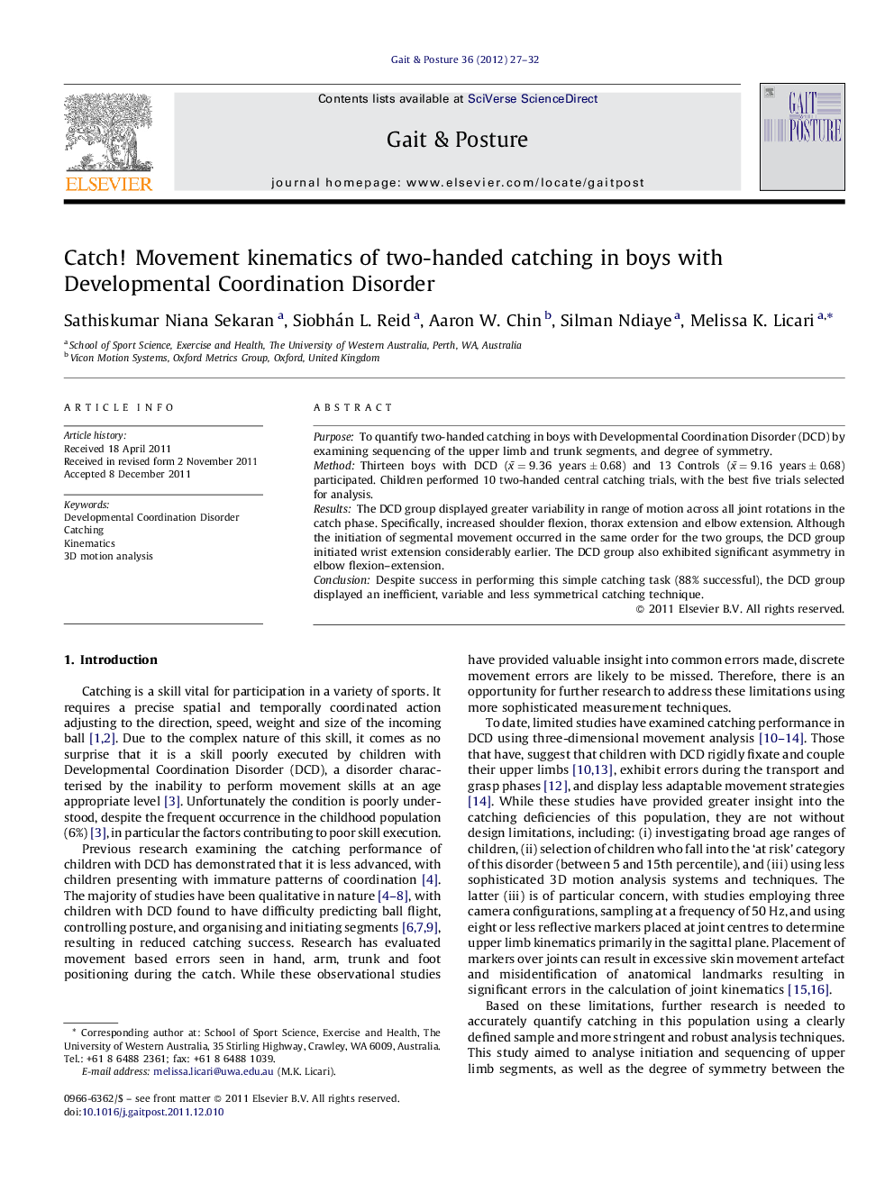 Catch! Movement kinematics of two-handed catching in boys with Developmental Coordination Disorder