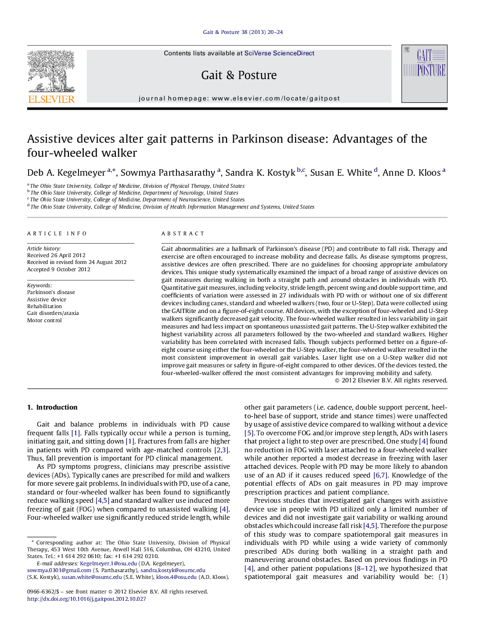 Assistive devices alter gait patterns in Parkinson disease: Advantages of the four-wheeled walker