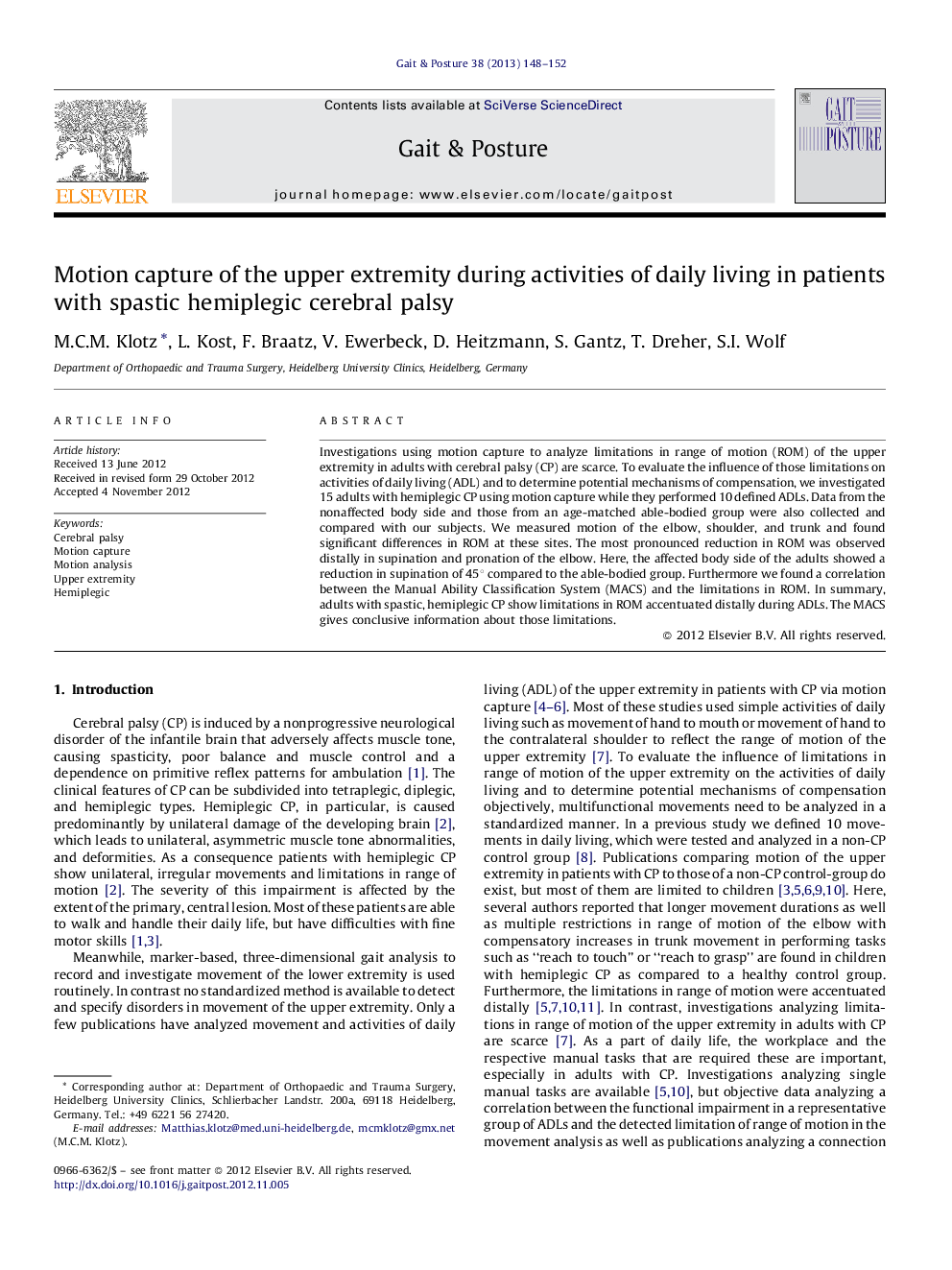 Motion capture of the upper extremity during activities of daily living in patients with spastic hemiplegic cerebral palsy