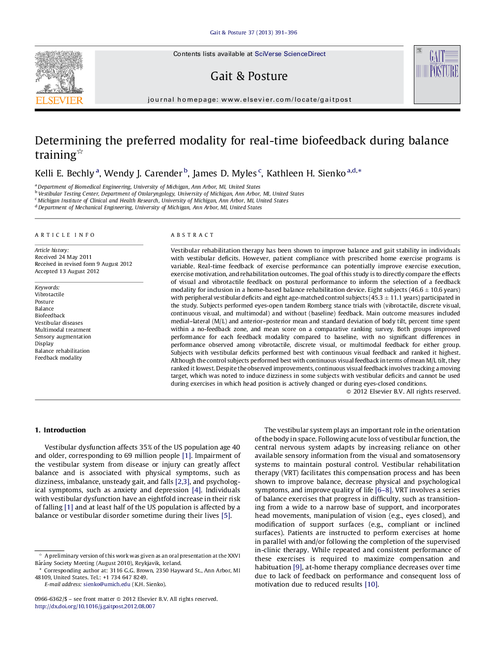 Determining the preferred modality for real-time biofeedback during balance training