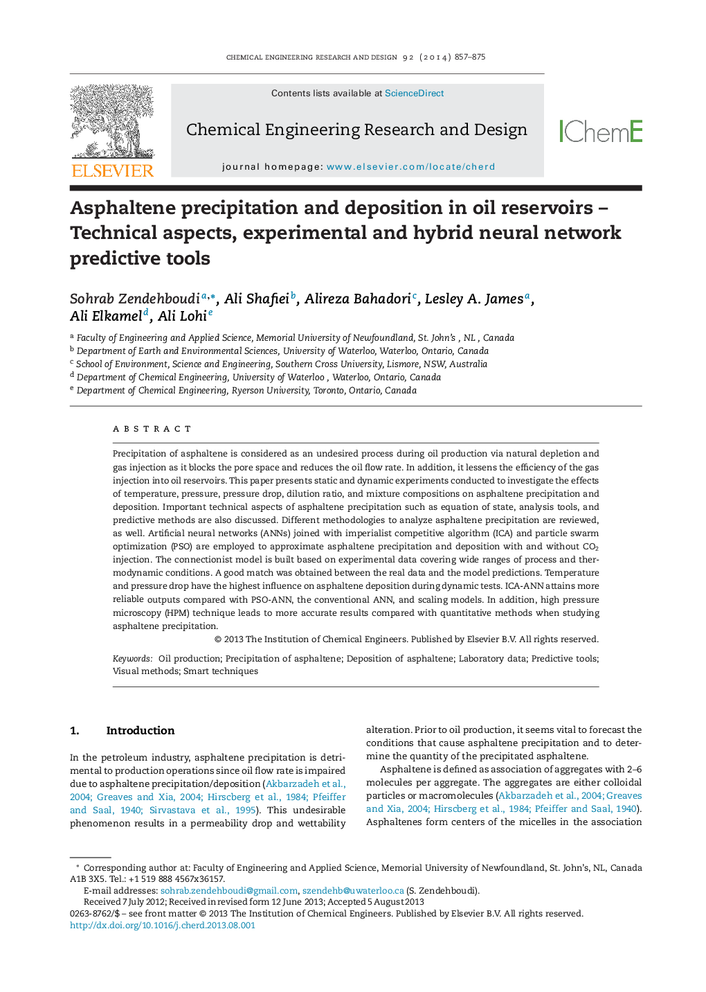 Asphaltene precipitation and deposition in oil reservoirs – Technical aspects, experimental and hybrid neural network predictive tools