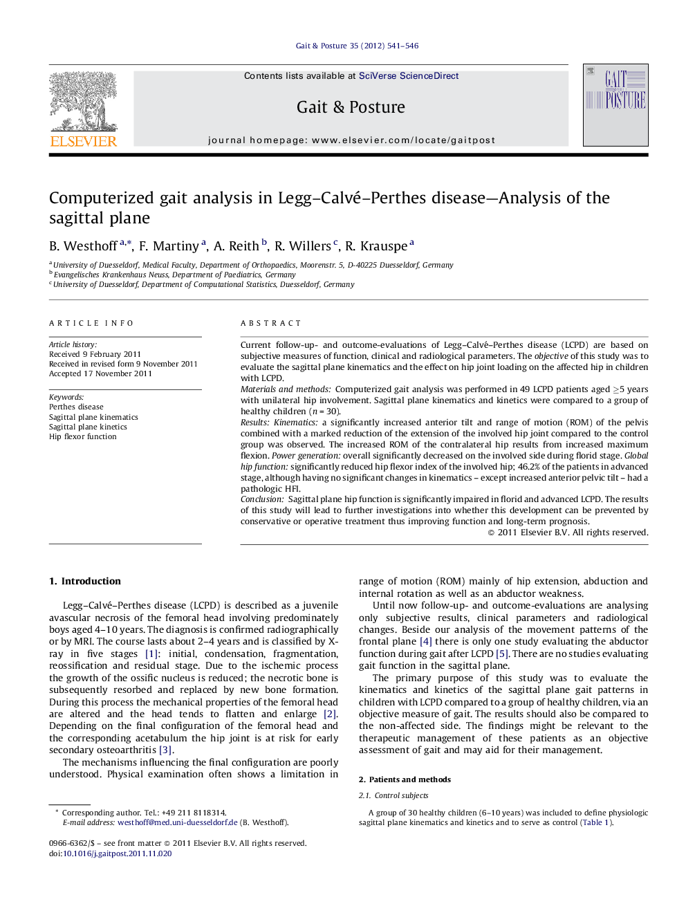Computerized gait analysis in Legg-Calvé-Perthes disease-Analysis of the sagittal plane