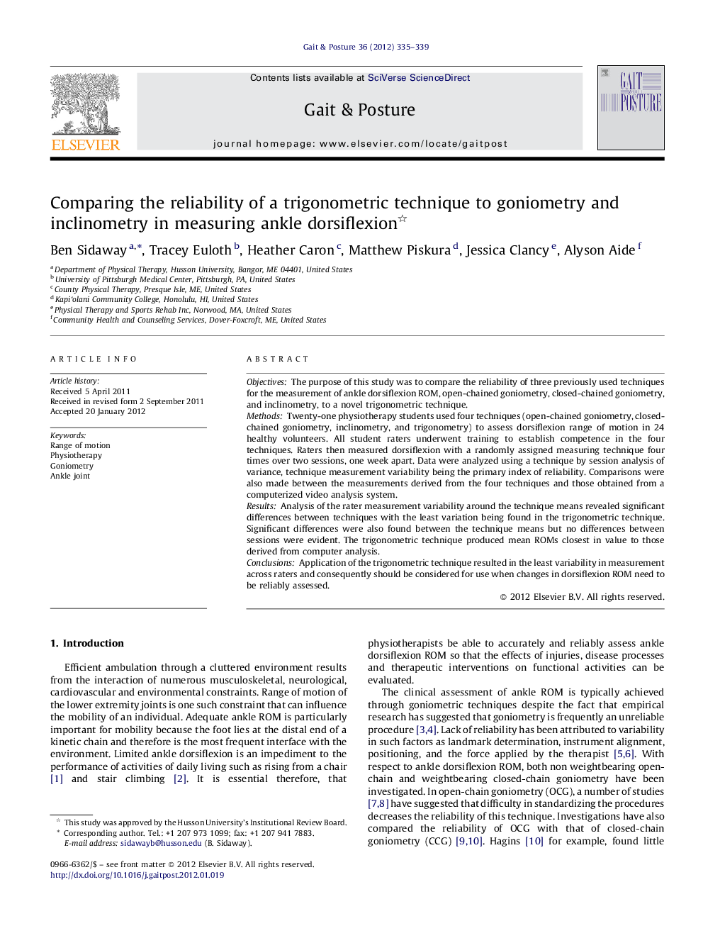 Comparing the reliability of a trigonometric technique to goniometry and inclinometry in measuring ankle dorsiflexion