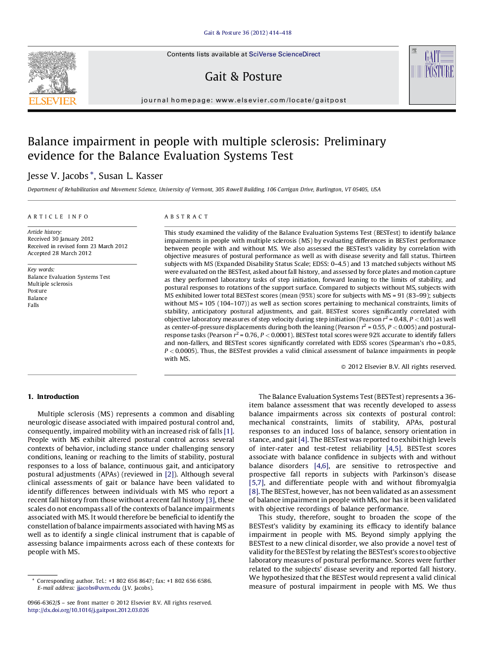 Balance impairment in people with multiple sclerosis: Preliminary evidence for the Balance Evaluation Systems Test