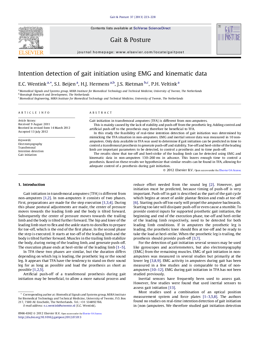 Intention detection of gait initiation using EMG and kinematic data