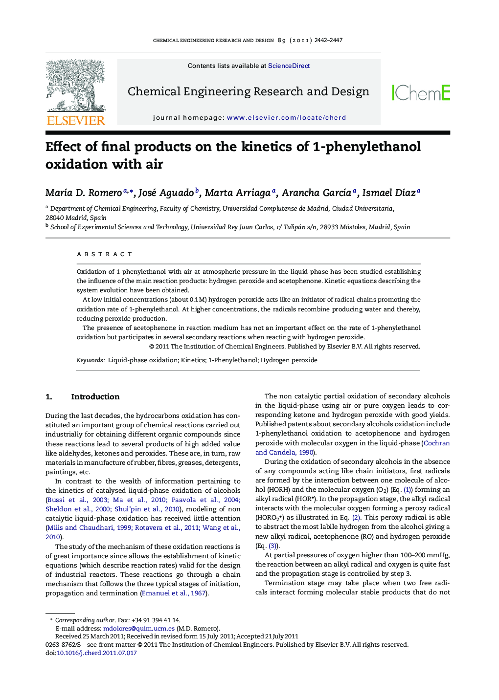 Effect of final products on the kinetics of 1-phenylethanol oxidation with air
