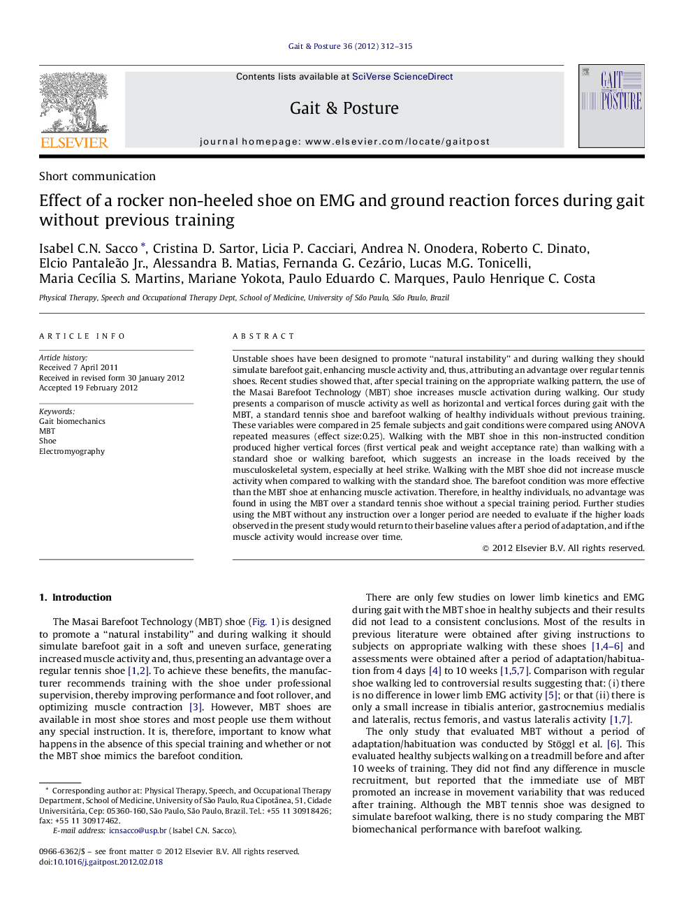 Effect of a rocker non-heeled shoe on EMG and ground reaction forces during gait without previous training