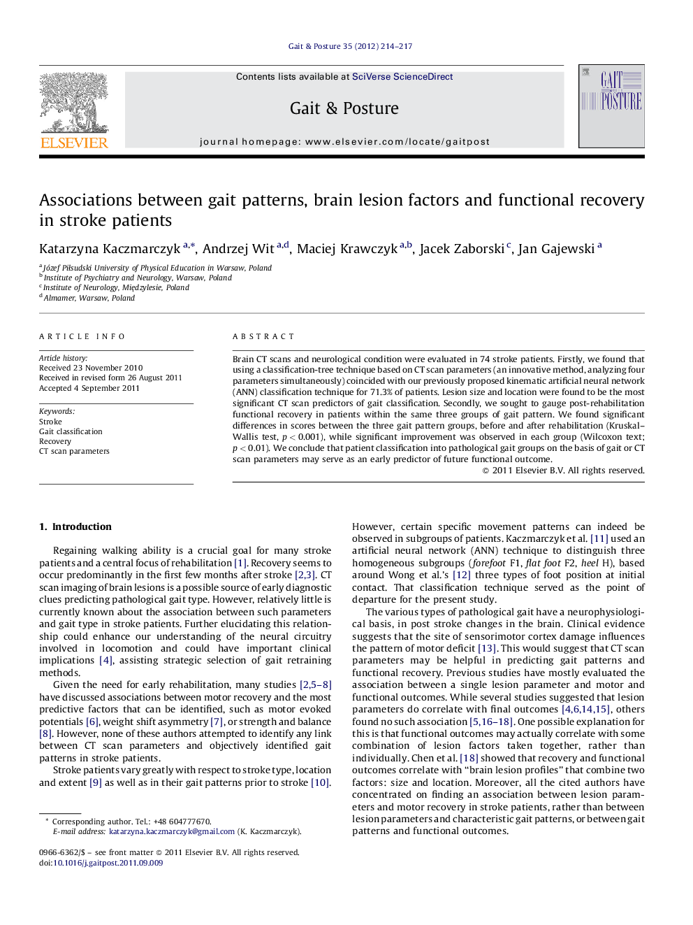 Associations between gait patterns, brain lesion factors and functional recovery in stroke patients