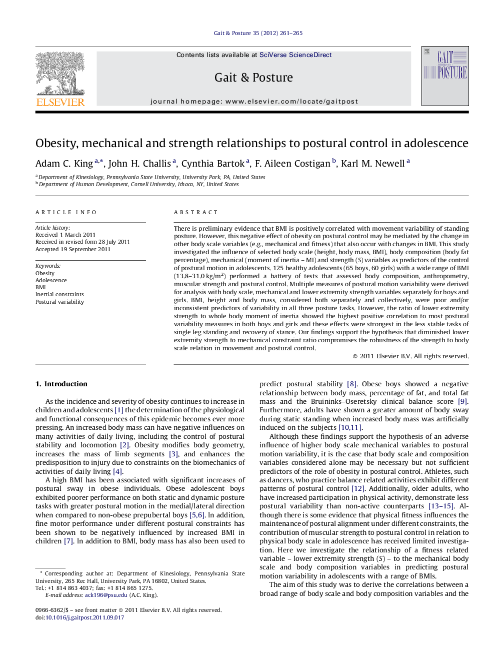 Obesity, mechanical and strength relationships to postural control in adolescence