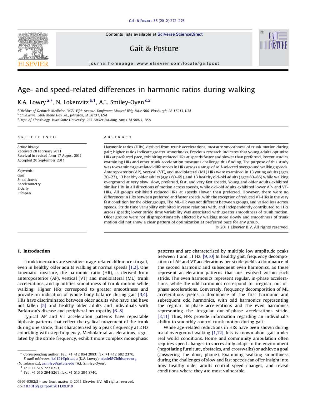 Age- and speed-related differences in harmonic ratios during walking