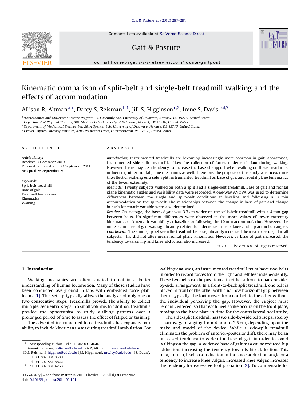 Kinematic comparison of split-belt and single-belt treadmill walking and the effects of accommodation