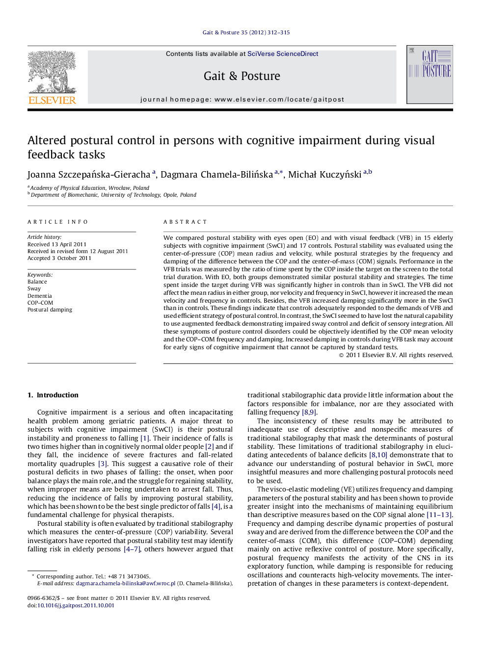 Altered postural control in persons with cognitive impairment during visual feedback tasks