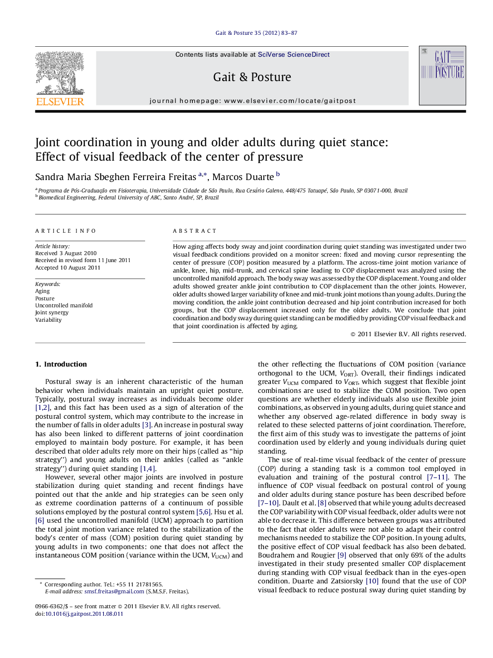 Joint coordination in young and older adults during quiet stance: Effect of visual feedback of the center of pressure