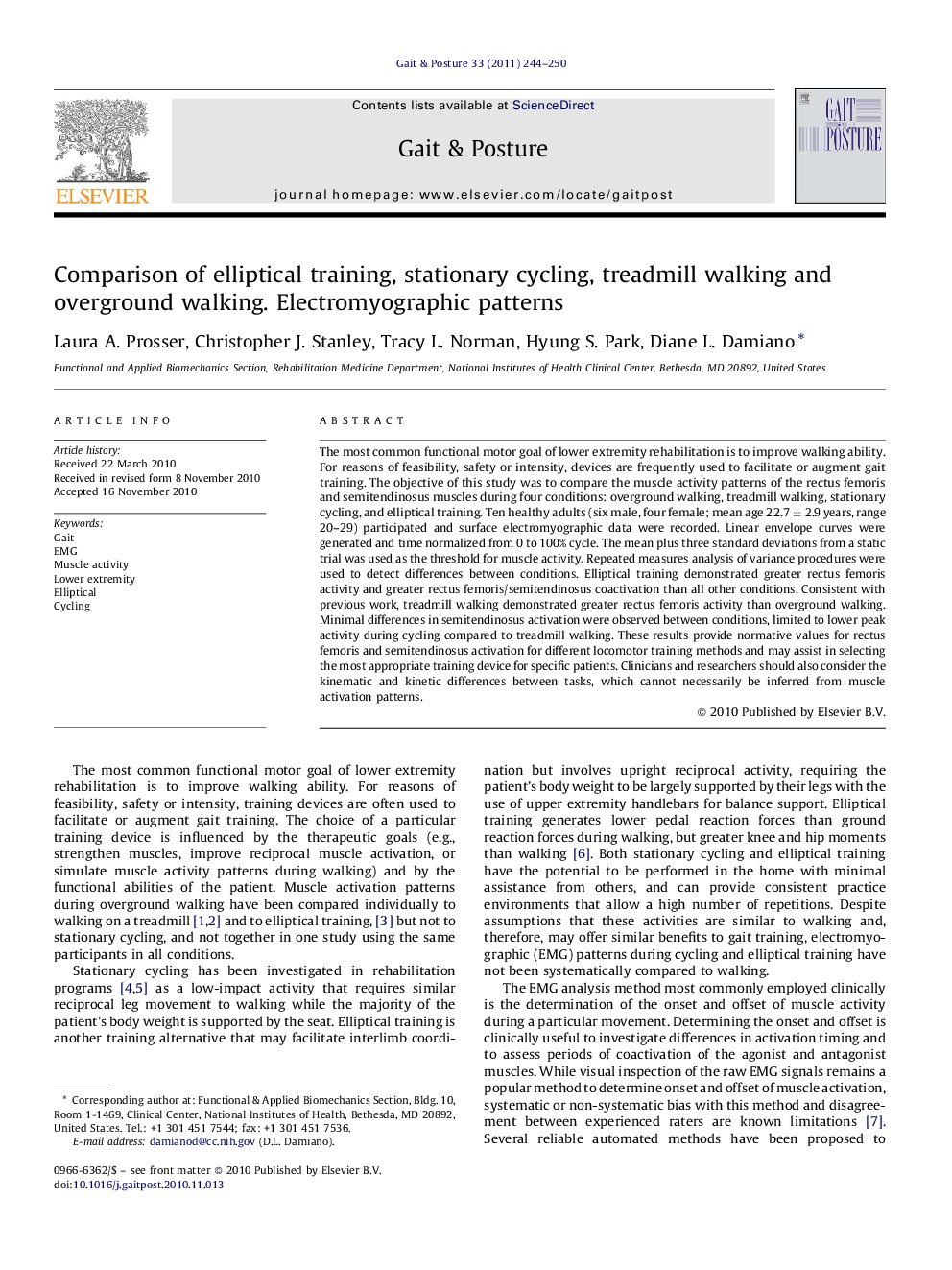 Comparison of elliptical training, stationary cycling, treadmill walking and overground walking. Electromyographic patterns