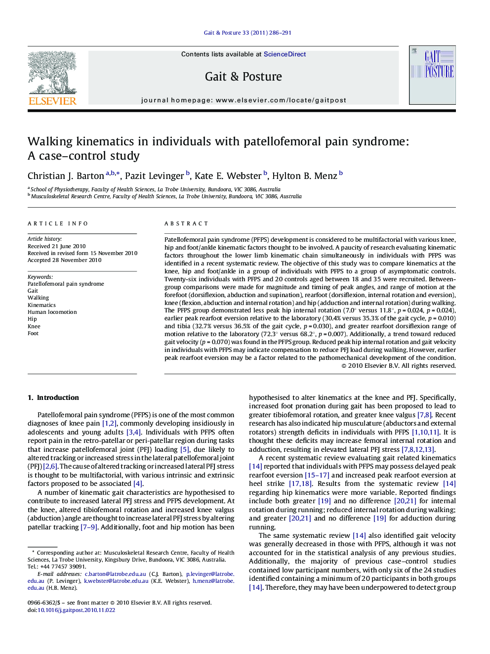 Walking kinematics in individuals with patellofemoral pain syndrome: A case-control study