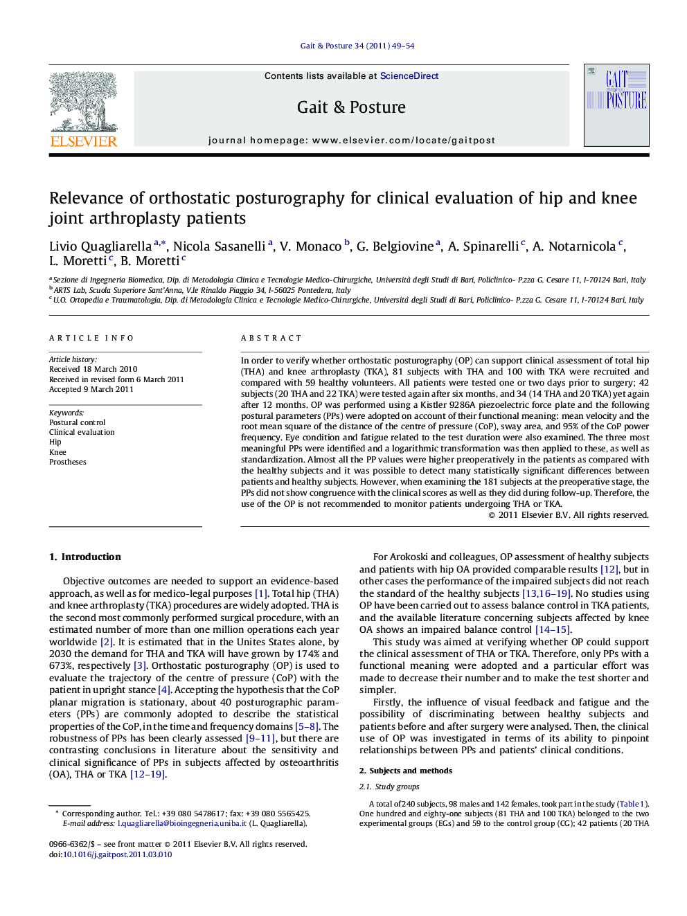 Relevance of orthostatic posturography for clinical evaluation of hip and knee joint arthroplasty patients