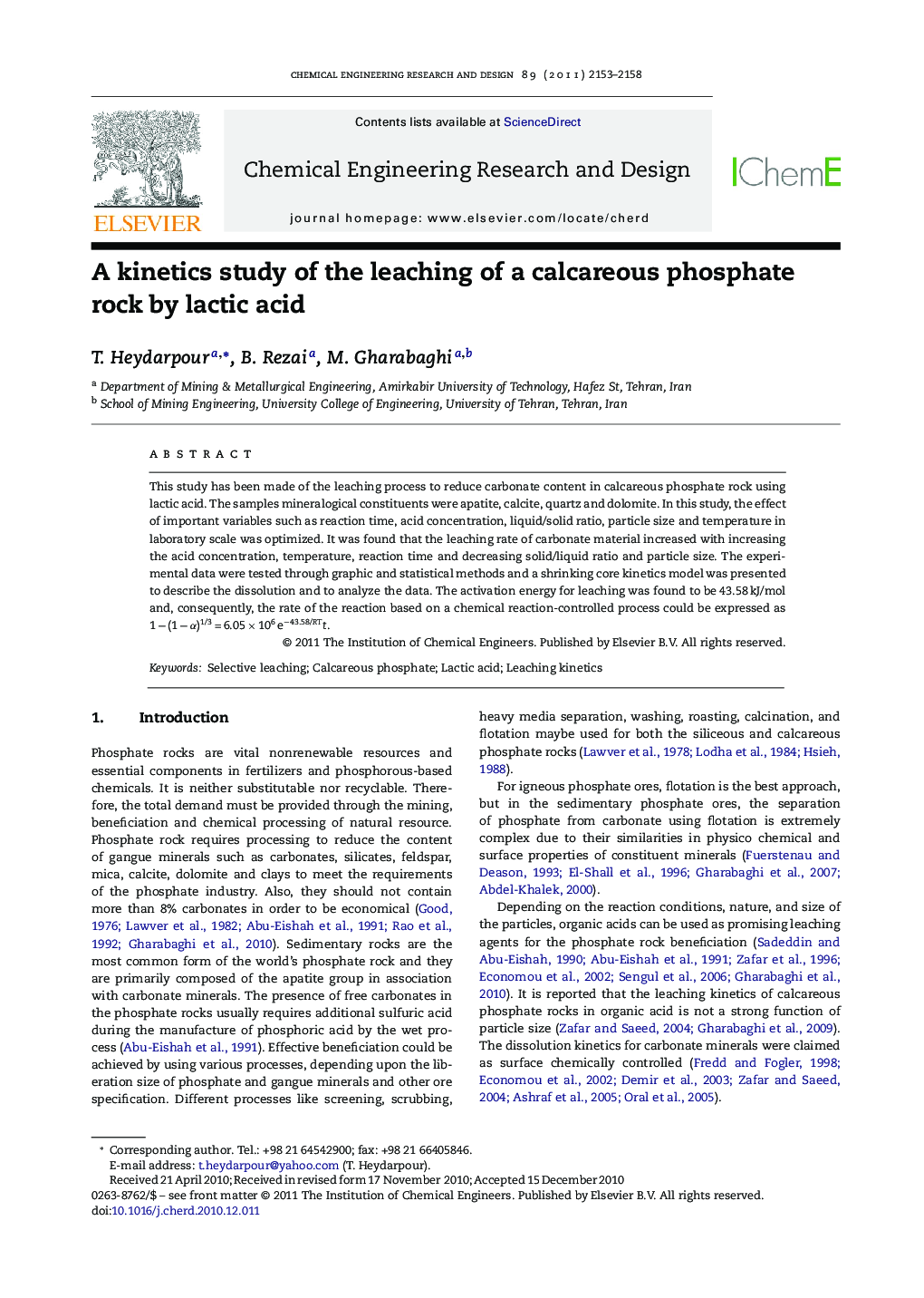 A kinetics study of the leaching of a calcareous phosphate rock by lactic acid