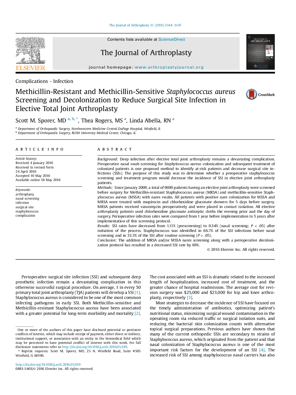 Methicillin-Resistant and Methicillin-Sensitive Staphylococcus aureus Screening and Decolonization to Reduce Surgical Site Infection in Elective Total Joint Arthroplasty