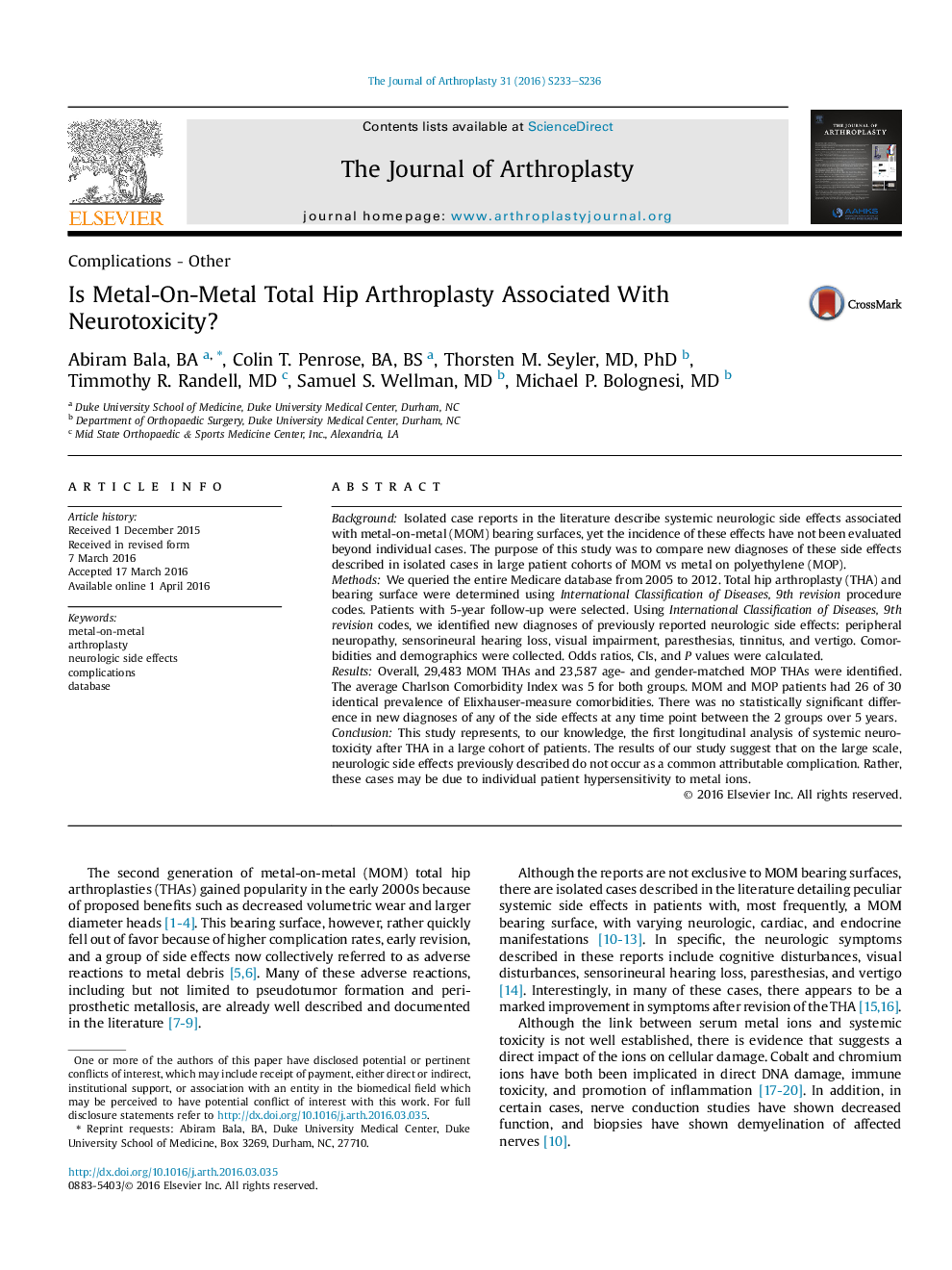 Is Metal-On-Metal Total Hip Arthroplasty Associated With Neurotoxicity?