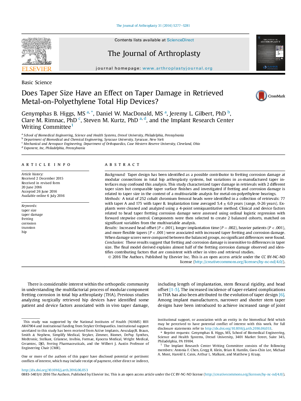 Does Taper Size Have an Effect on Taper Damage in Retrieved Metal-on-Polyethylene Total Hip Devices?