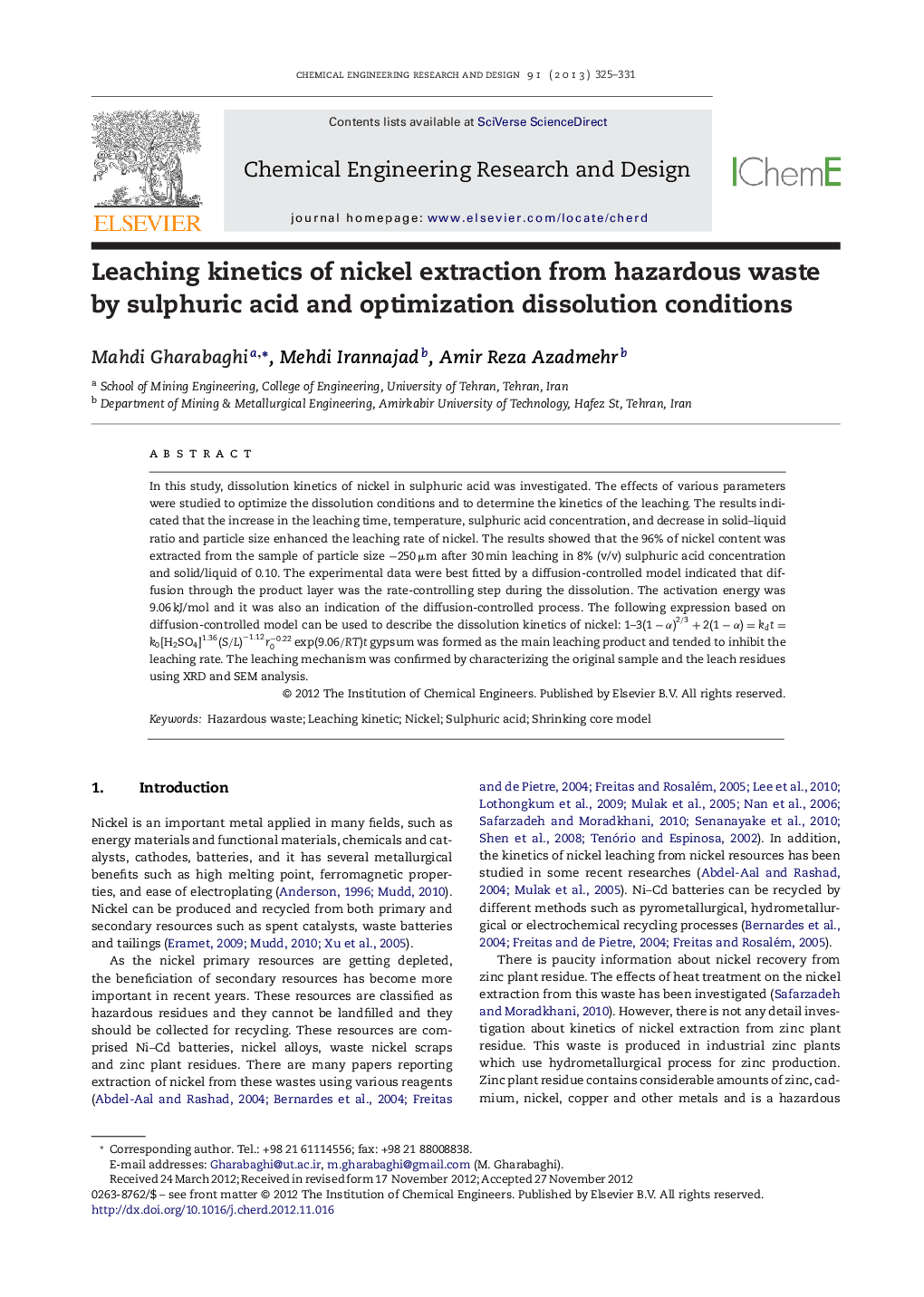 Leaching kinetics of nickel extraction from hazardous waste by sulphuric acid and optimization dissolution conditions