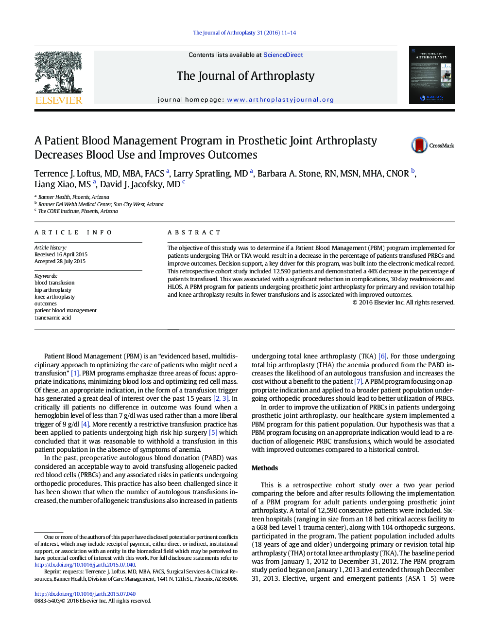 A Patient Blood Management Program in Prosthetic Joint Arthroplasty Decreases Blood Use and Improves Outcomes