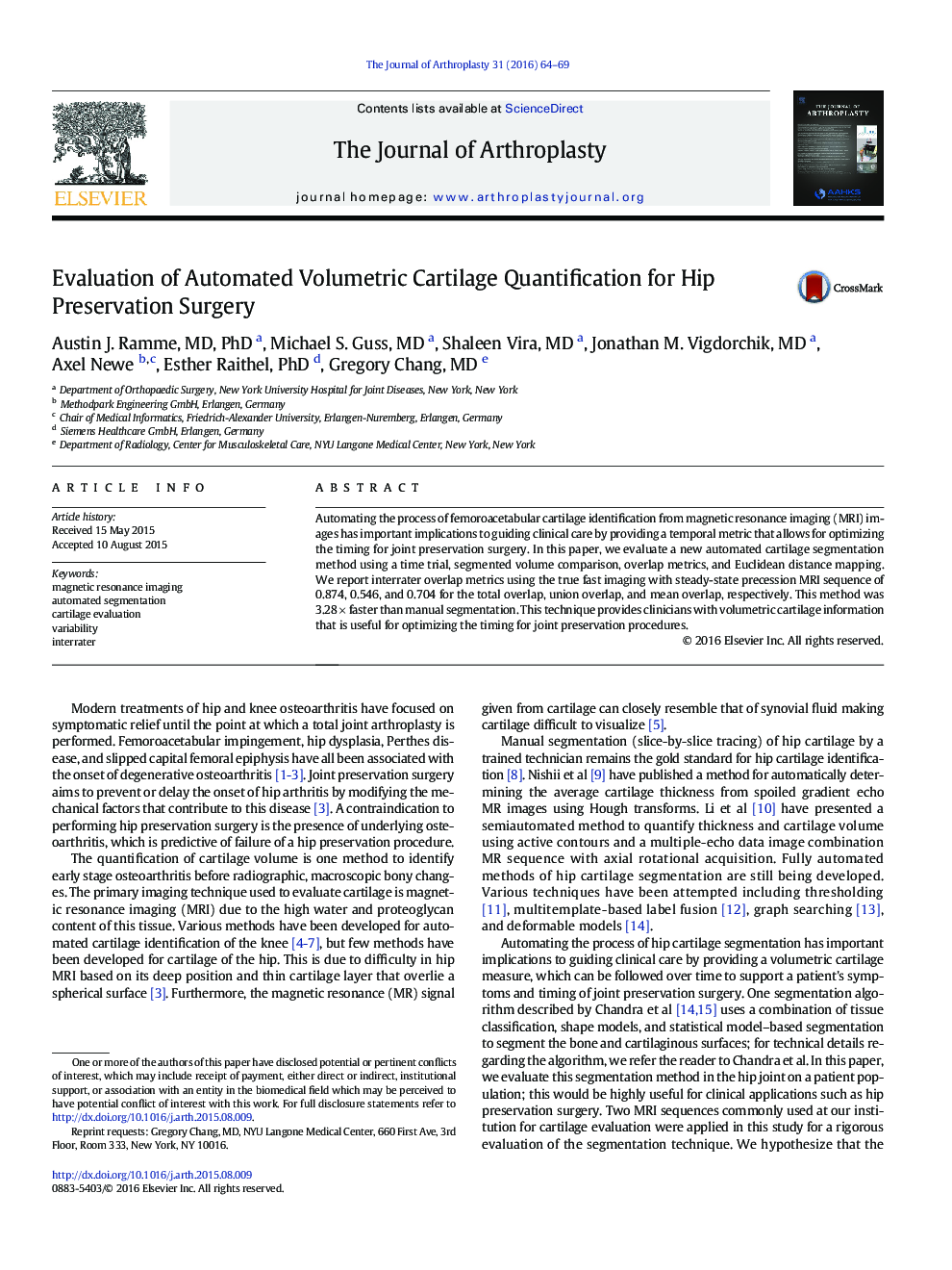 Evaluation of Automated Volumetric Cartilage Quantification for Hip Preservation Surgery