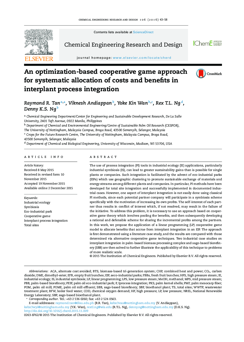 An optimization-based cooperative game approach for systematic allocation of costs and benefits in interplant process integration