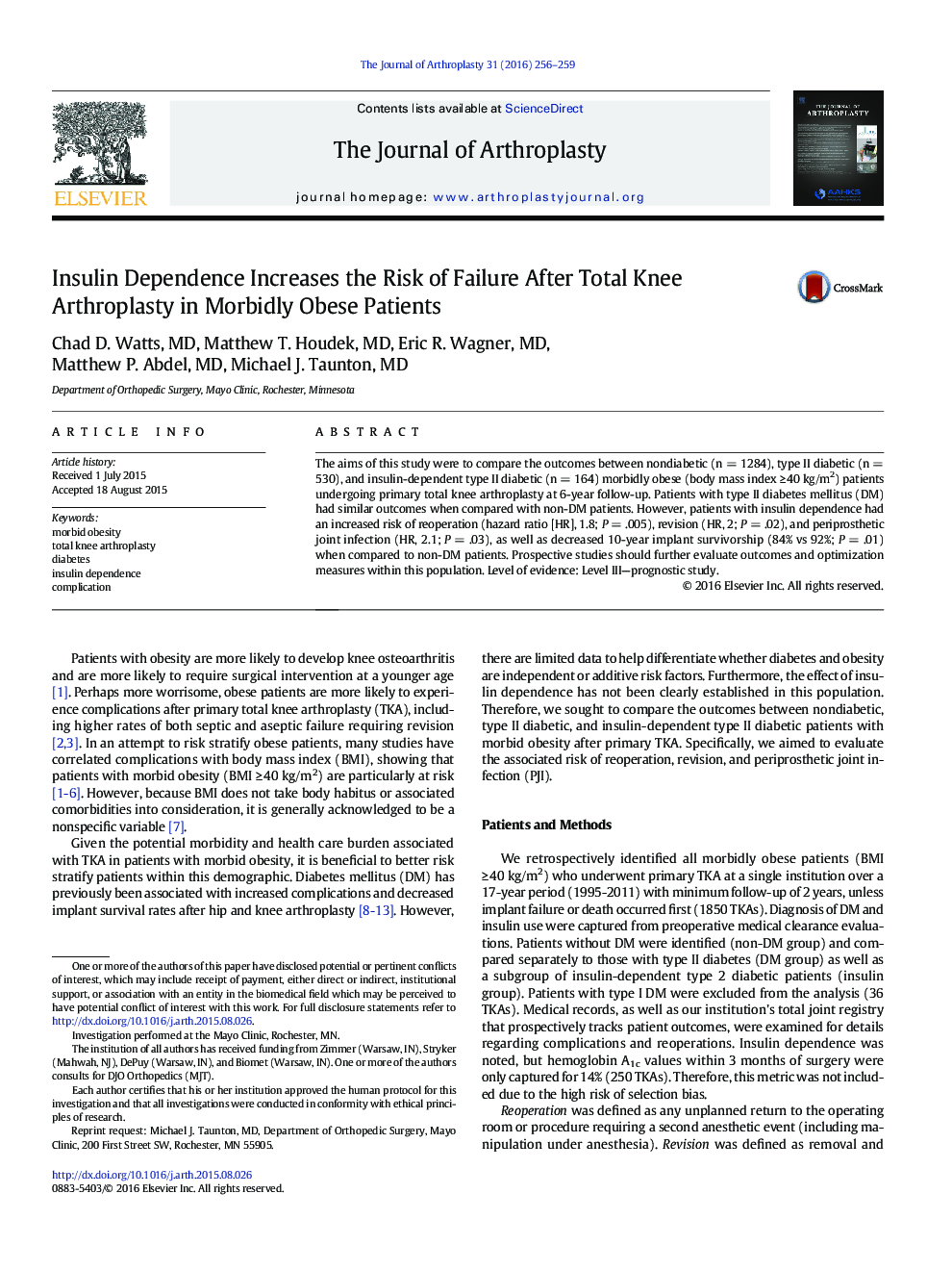 Insulin Dependence Increases the Risk of Failure After Total Knee Arthroplasty in Morbidly Obese Patients