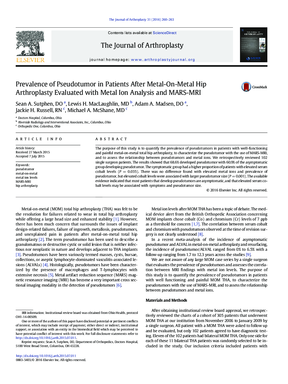 Prevalence of Pseudotumor in Patients After Metal-On-Metal Hip Arthroplasty Evaluated with Metal Ion Analysis and MARS-MRI