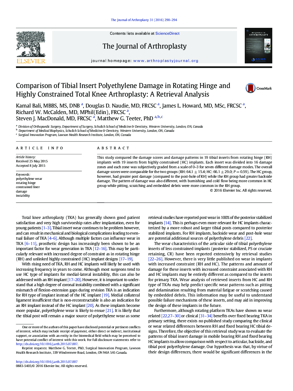 Comparison of Tibial Insert Polyethylene Damage in Rotating Hinge and Highly Constrained Total Knee Arthroplasty: A Retrieval Analysis