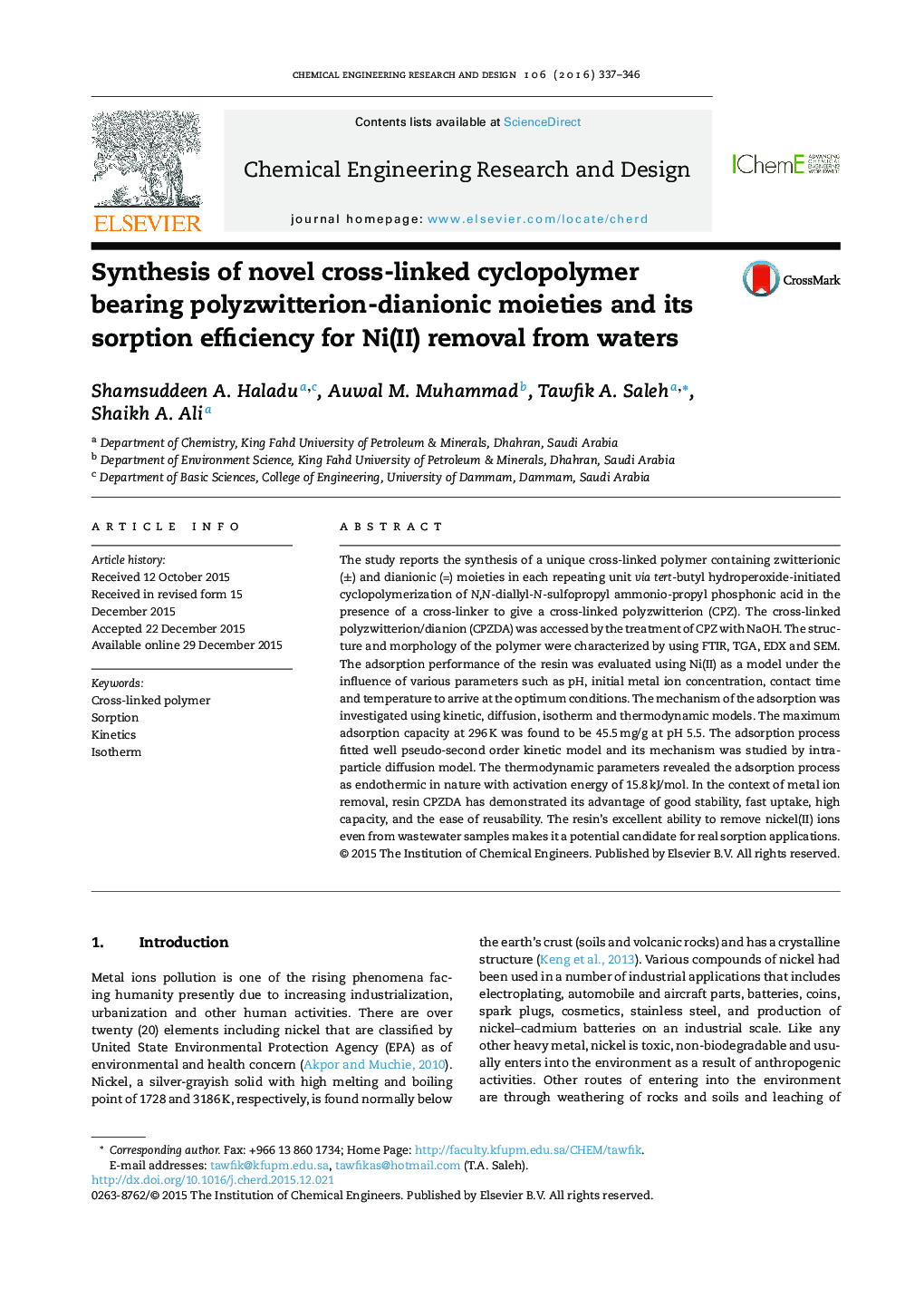 Synthesis of novel cross-linked cyclopolymer bearing polyzwitterion-dianionic moieties and its sorption efficiency for Ni(II) removal from waters