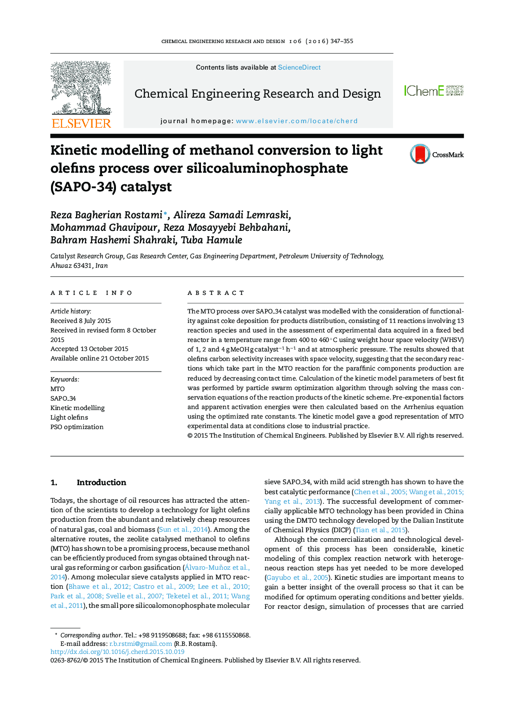 Kinetic modelling of methanol conversion to light olefins process over silicoaluminophosphate (SAPO-34) catalyst