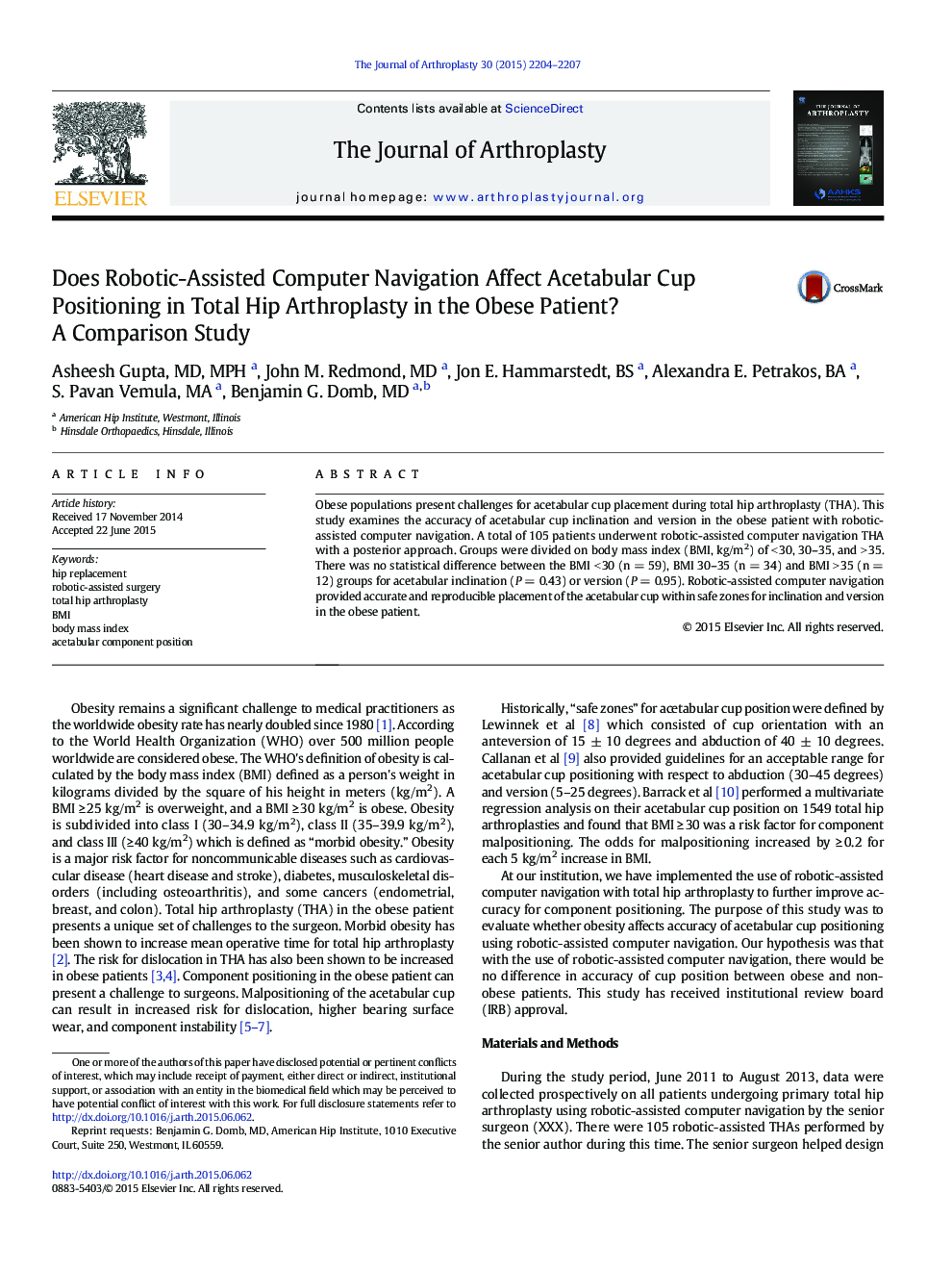 Does Robotic-Assisted Computer Navigation Affect Acetabular Cup Positioning in Total Hip Arthroplasty in the Obese Patient? A Comparison Study