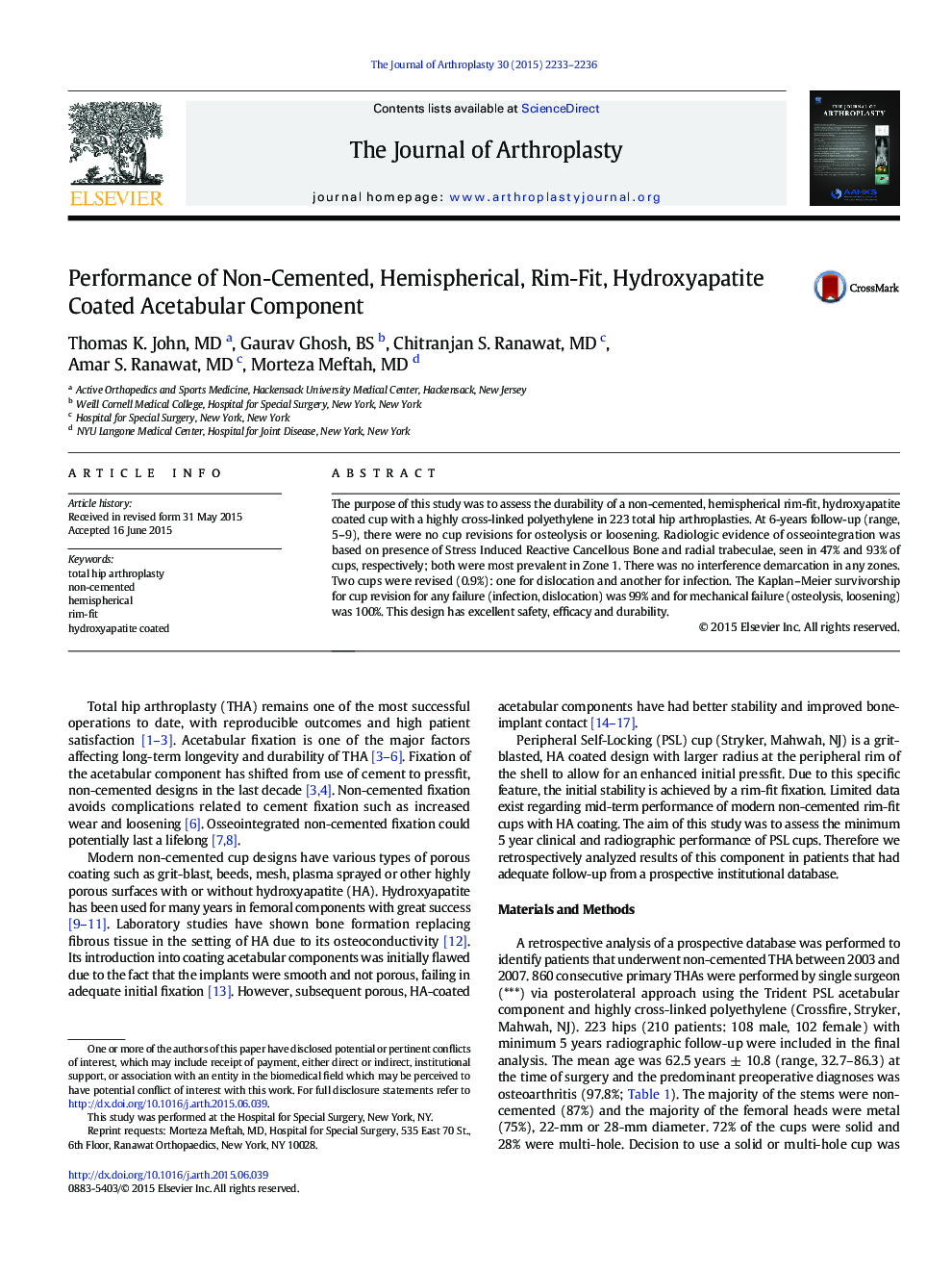 Performance of Non-Cemented, Hemispherical, Rim-Fit, Hydroxyapatite Coated Acetabular Component