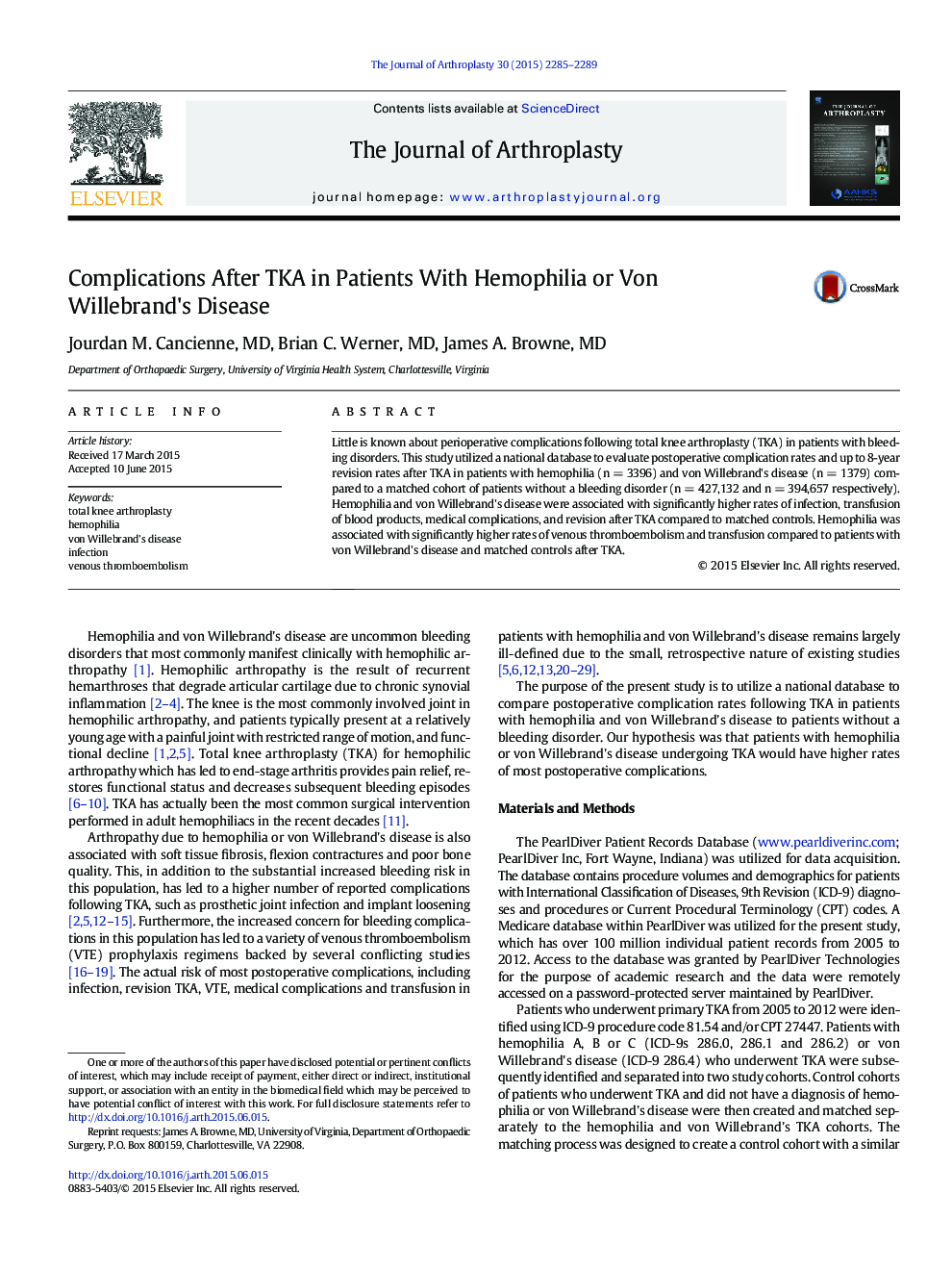 Complications After TKA in Patients With Hemophilia or Von Willebrand's Disease