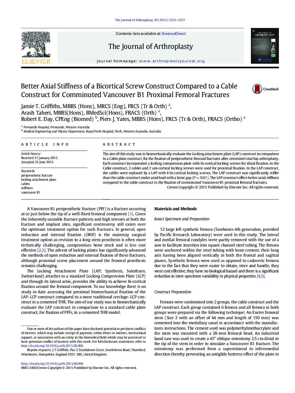 Better Axial Stiffness of a Bicortical Screw Construct Compared to a Cable Construct for Comminuted Vancouver B1 Proximal Femoral Fractures