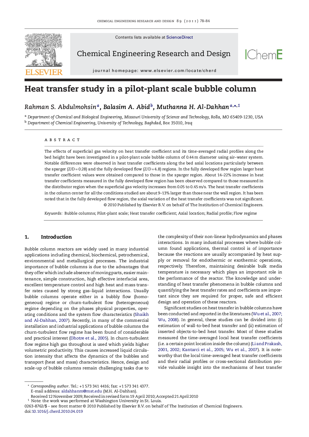 Heat transfer study in a pilot-plant scale bubble column