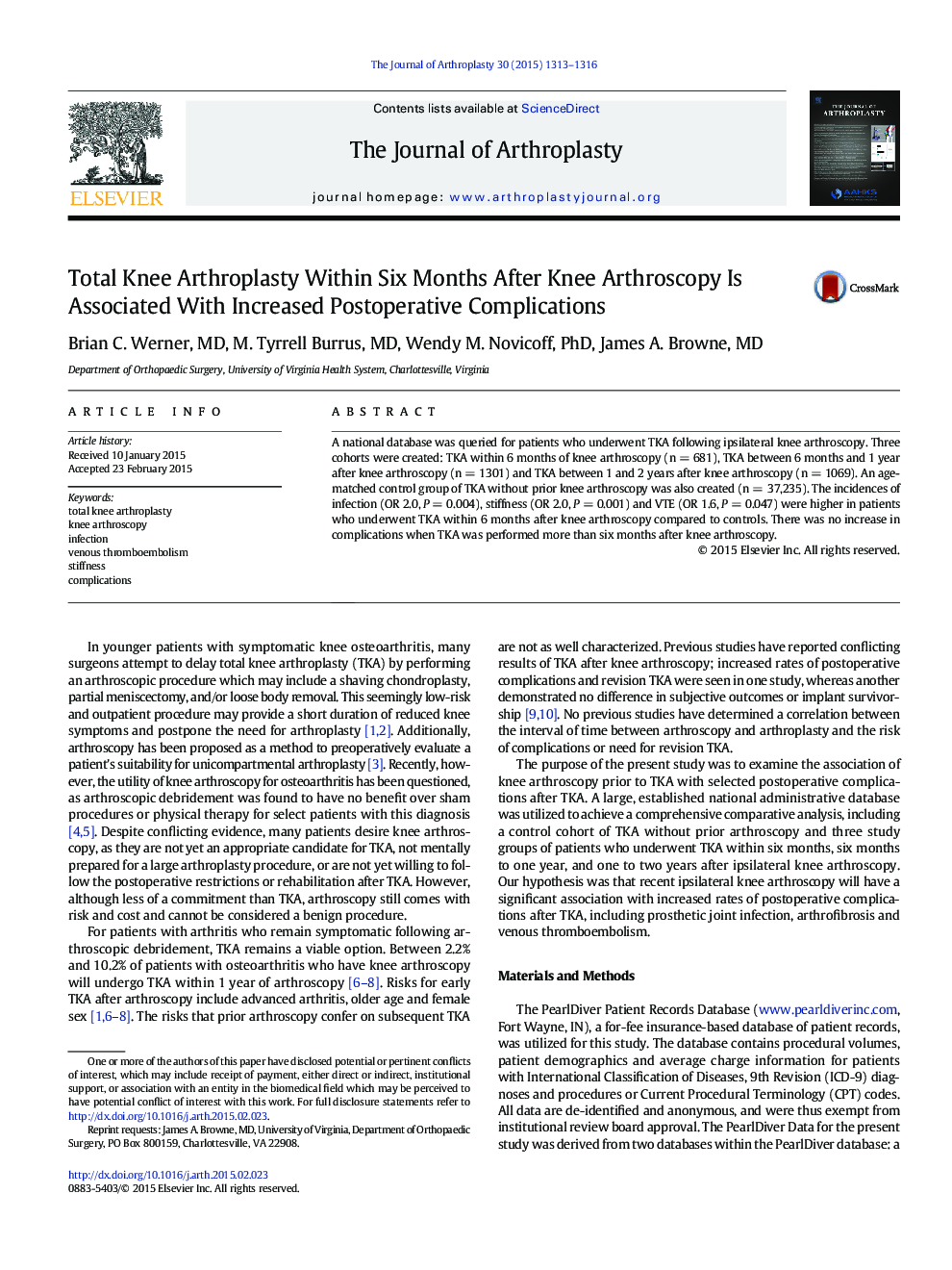 Total Knee Arthroplasty Within Six Months After Knee Arthroscopy Is Associated With Increased Postoperative Complications