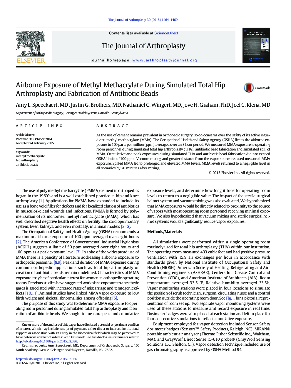 Airborne Exposure of Methyl Methacrylate During Simulated Total Hip Arthroplasty and Fabrication of Antibiotic Beads