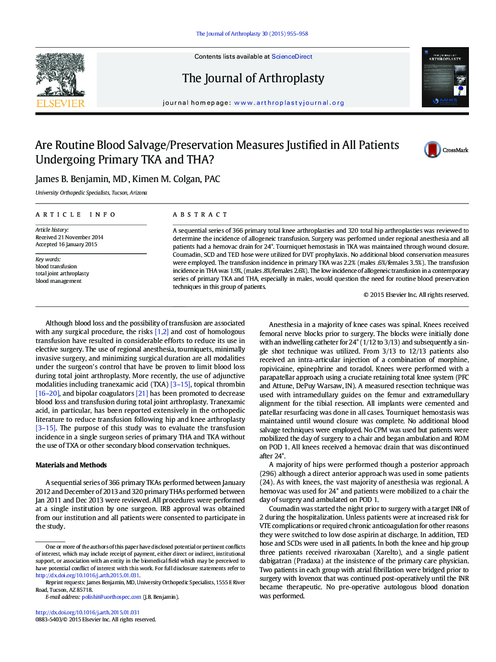 Are Routine Blood Salvage/Preservation Measures Justified in All Patients Undergoing Primary TKA and THA?