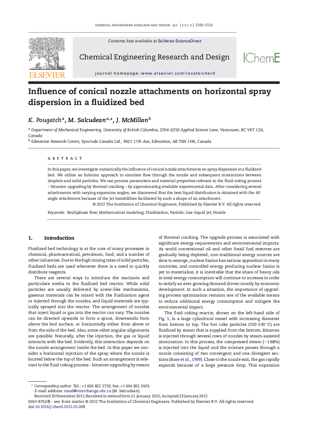 Influence of conical nozzle attachments on horizontal spray dispersion in a fluidized bed