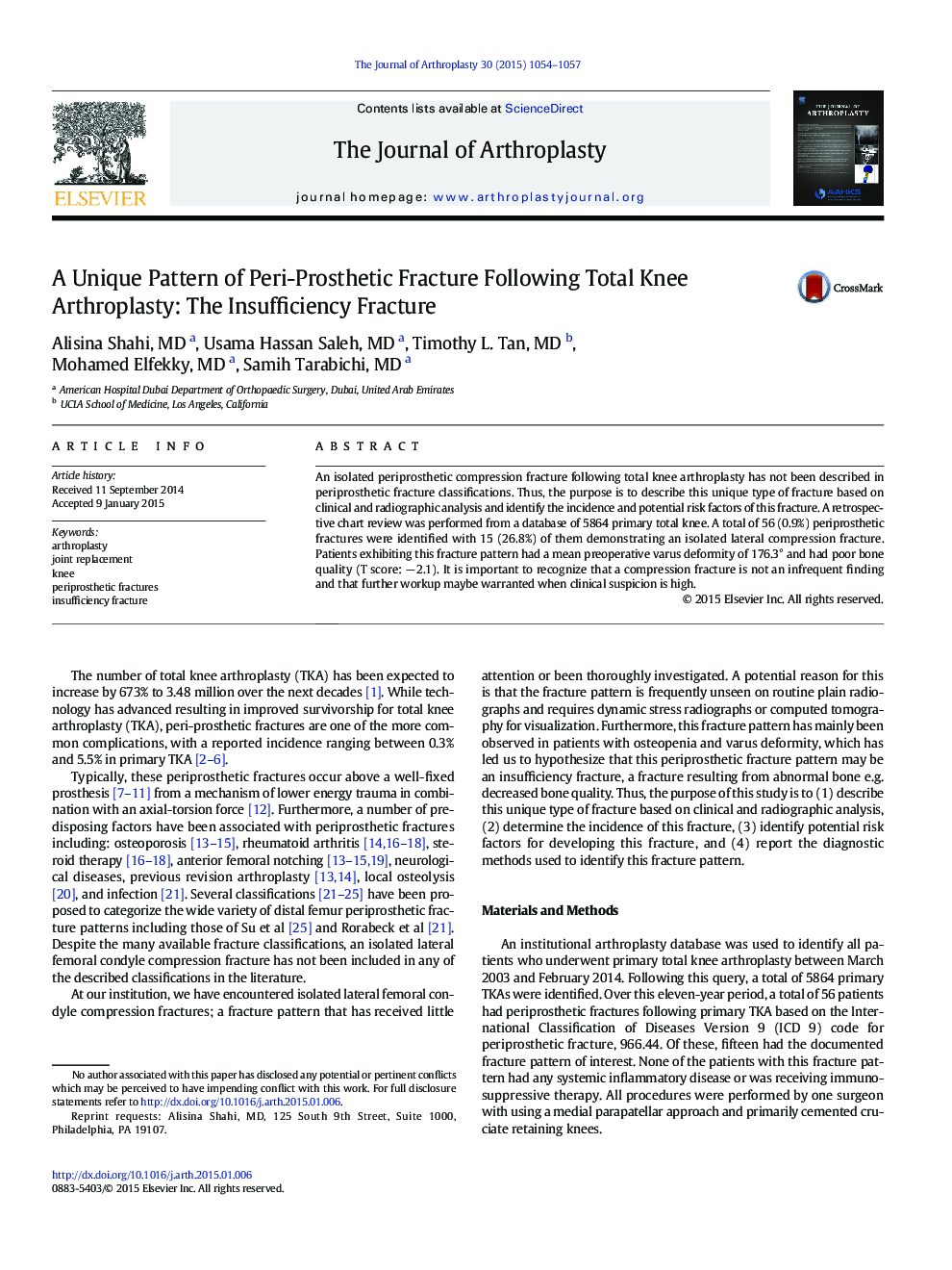 A Unique Pattern of Peri-Prosthetic Fracture Following Total Knee Arthroplasty: The Insufficiency Fracture