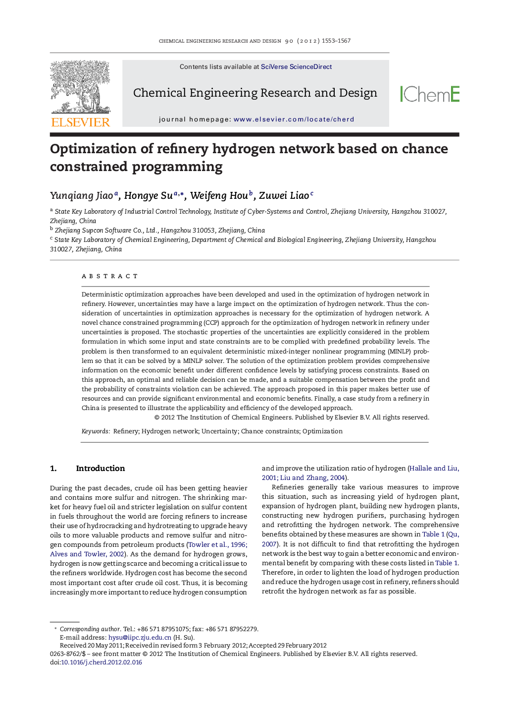 Optimization of refinery hydrogen network based on chance constrained programming